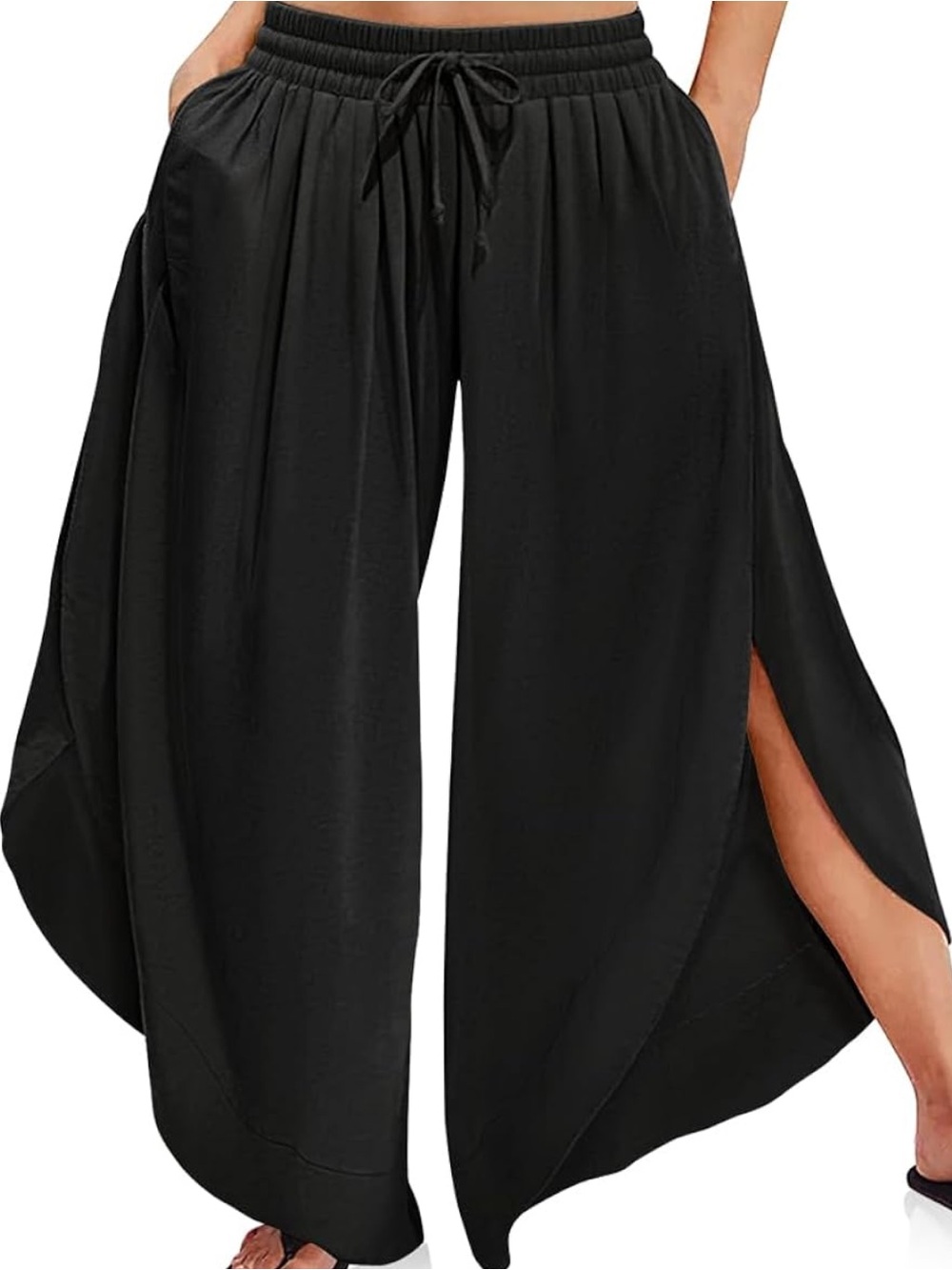 Tarse Linen Wide Leg Pants Side Slit Hem Palazzo Cropped